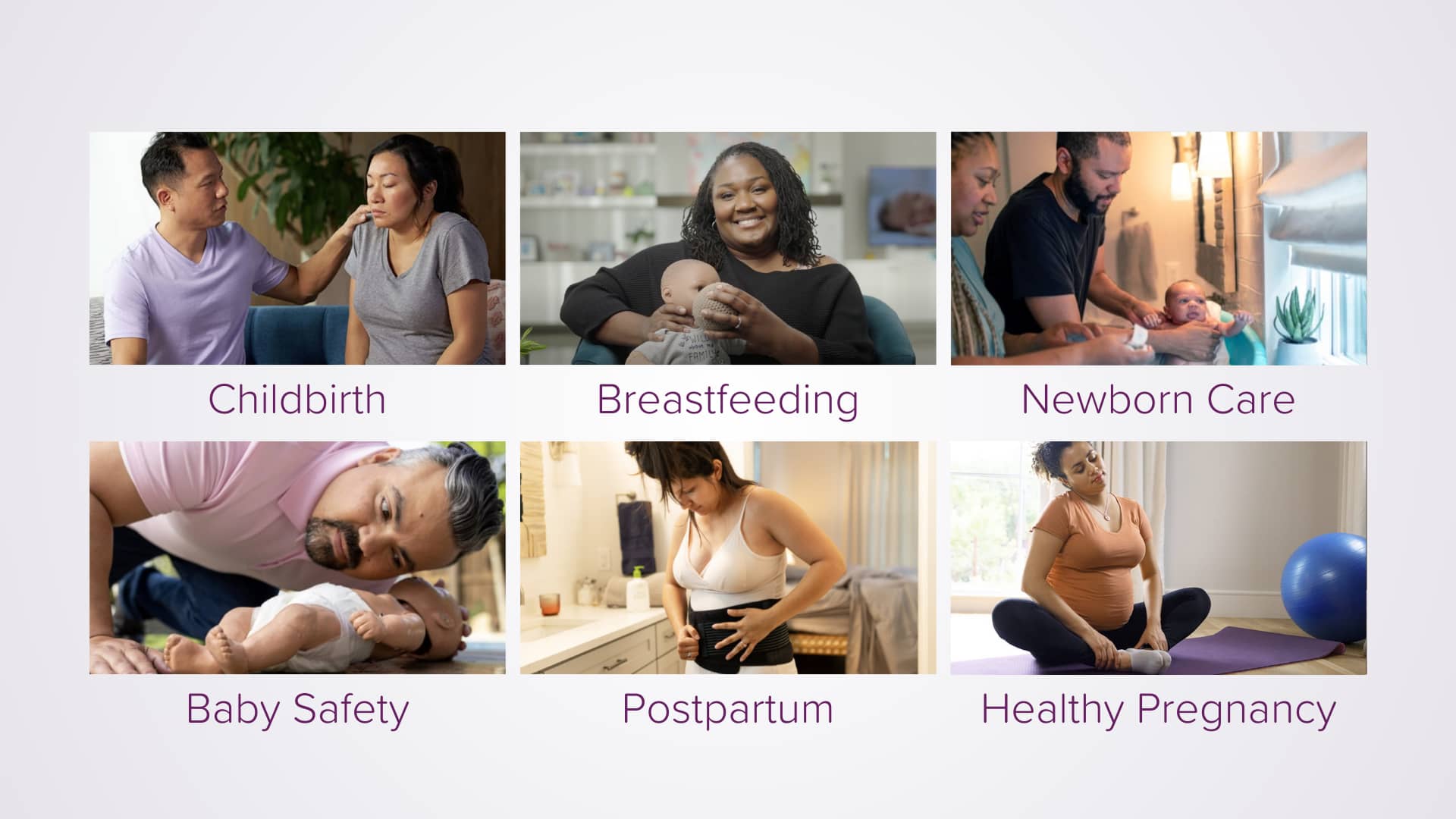 Six images showing topics from Baptist Health’s Online Childbirth Academy
